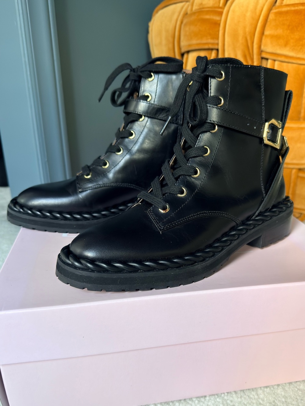 Louise et Cie Sabri Black Lace-Up Combat Boots with Gold Hardware